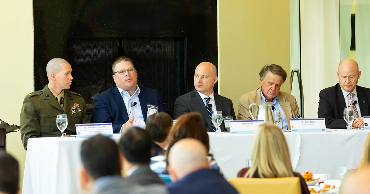 Panel speakers at ExecutiveBiz’ 2023 5G Forum; From left to right: Benjamin Pimentel, Dan Beaman, Mark Rubin, Dr. John Baras, and Dr. Eric Burger