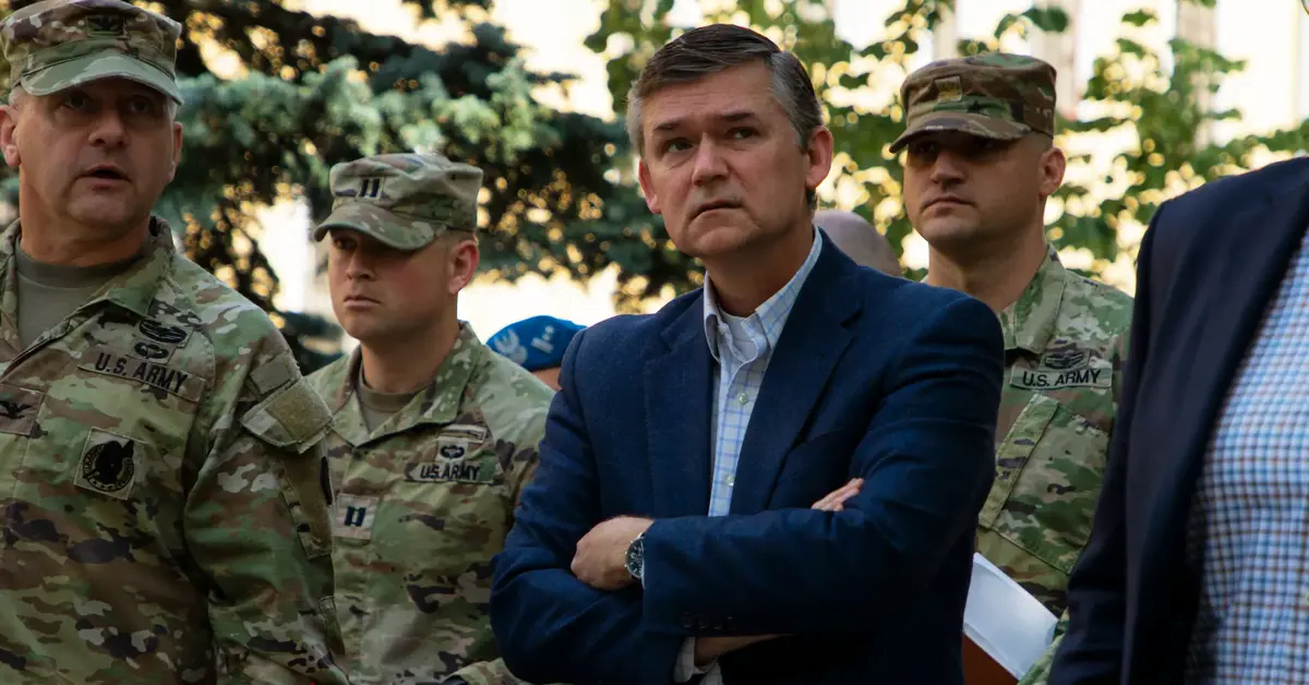 Doug Bush, assistant secretary of the Army for acquisition, logistics and technology, is guided by Col. J. Frederick Dente, V Corps chief of staff, during a visit to Camp Kościuszko, Poland, Sep. 8, 2022.