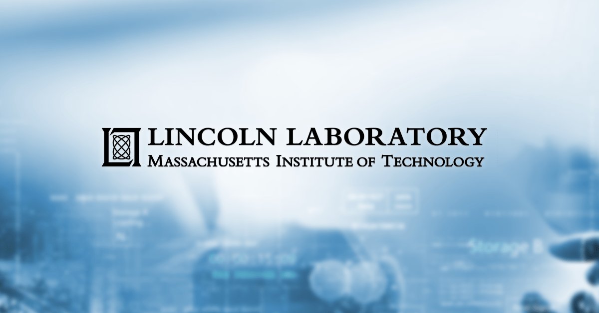 Official logo of the MIT Lincoln Laboratory over a blurred image of robotic hands and technology